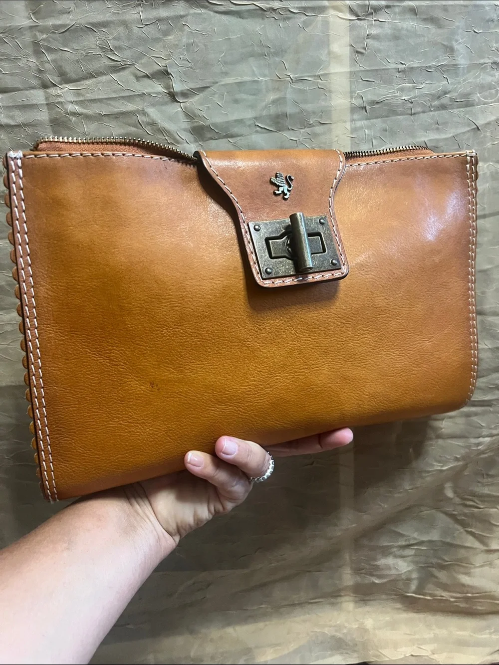 Vintage Pratesi Firenze Italian Leather Clutch Bag Cognac Brown